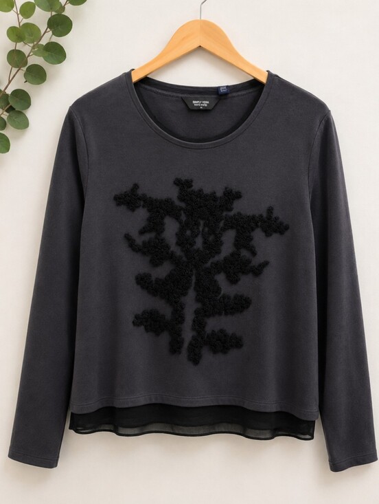 Vera Wang Tops - Vera Wang Black Long-Sleeve Floral Appliqué Top